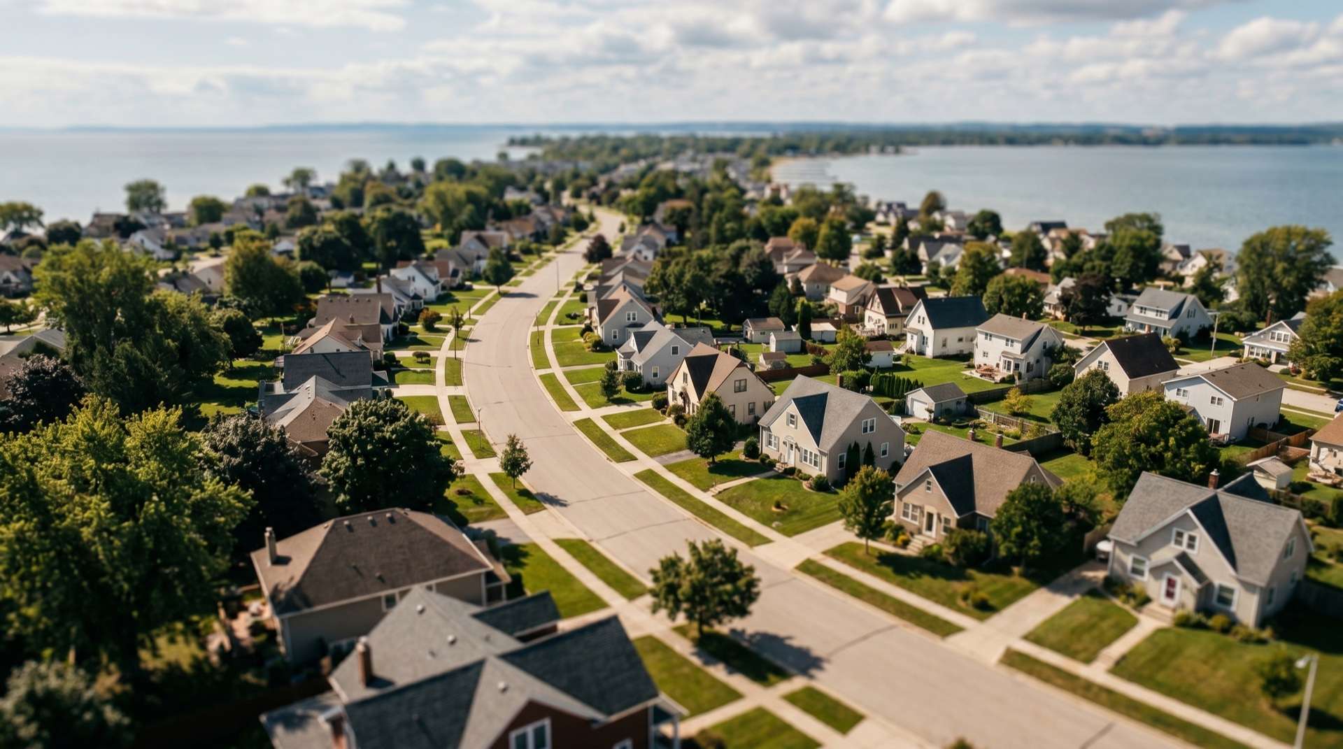 Aerial view of a lakeside street of homes in Rockwall, Texas at golden hour