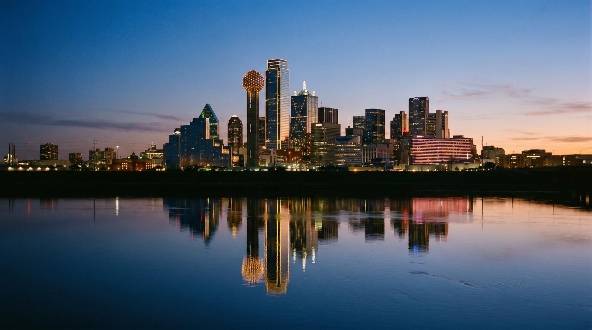 The Dallas skyline at dusk, office towers glowing against a deepening sky
