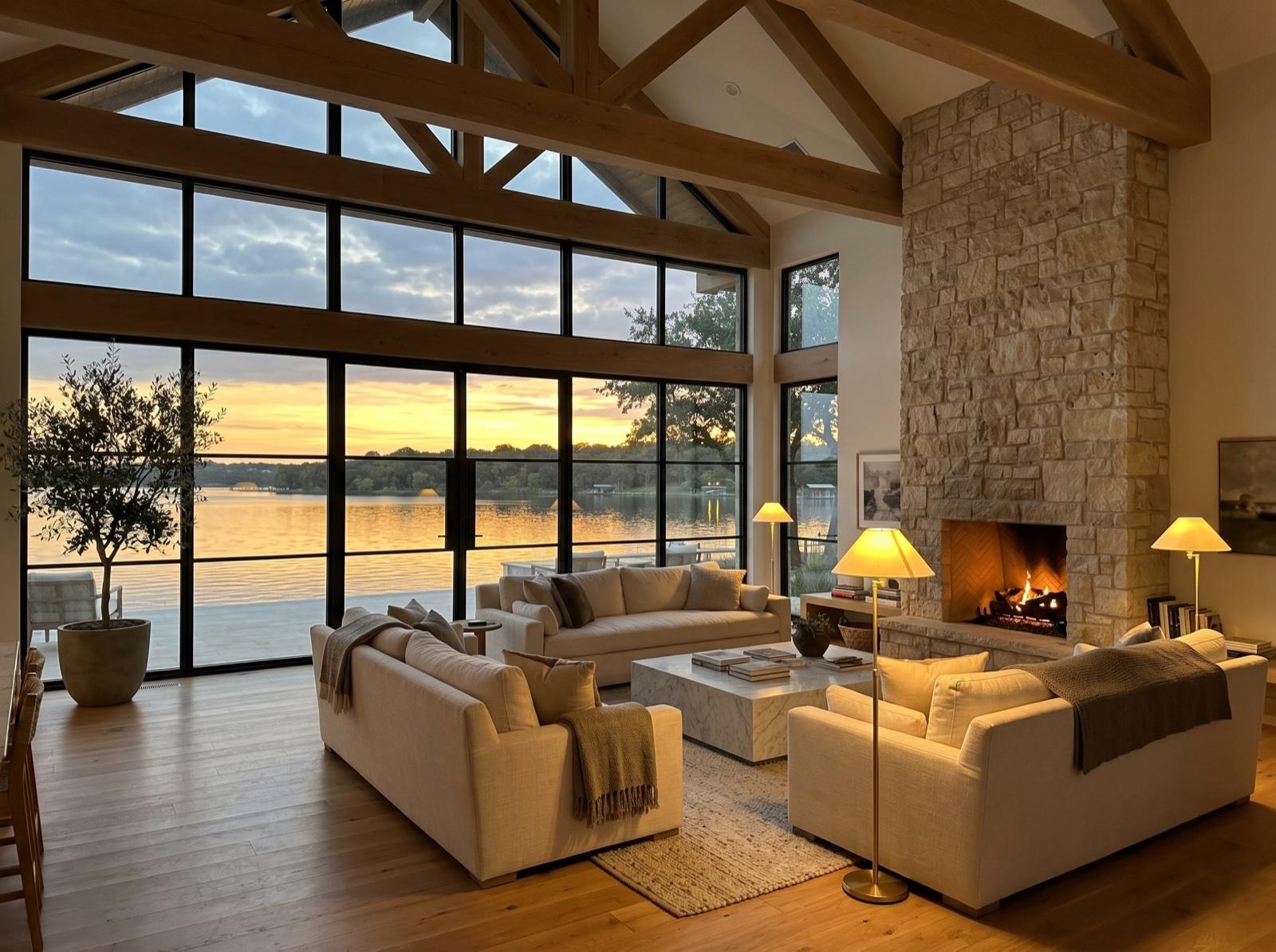 A luxury Texas lake house living room at dusk, fireplace lit, lake visible through floor-to-ceiling windows