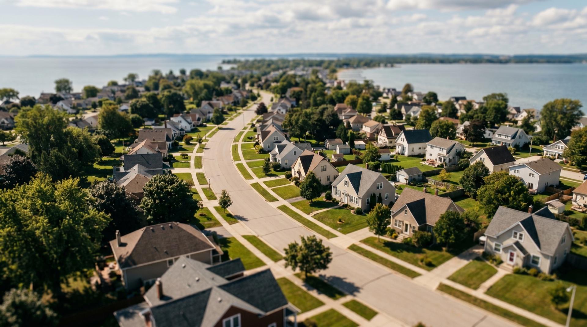 Aerial view of a lakeside street of homes in Rockwall, Texas at golden hour