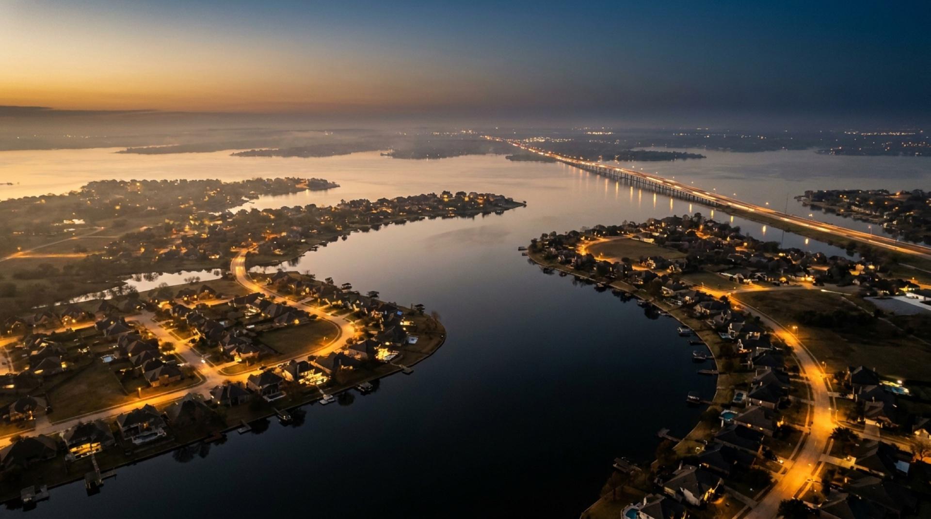 Aerial view of Lake Ray Hubbard shoreline communities at dusk