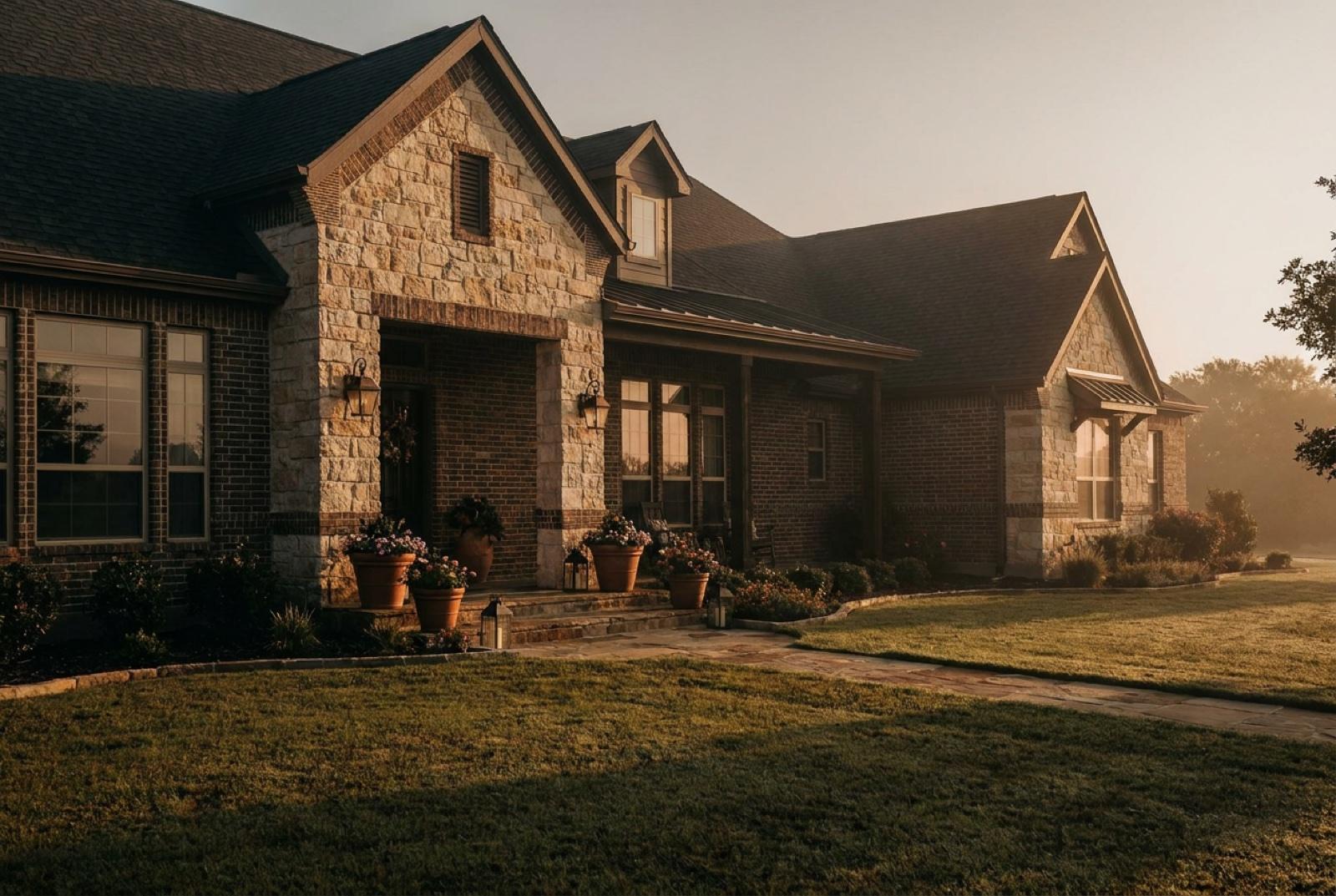 A staged Texas home at golden hour, warm light spilling onto the manicured front walk