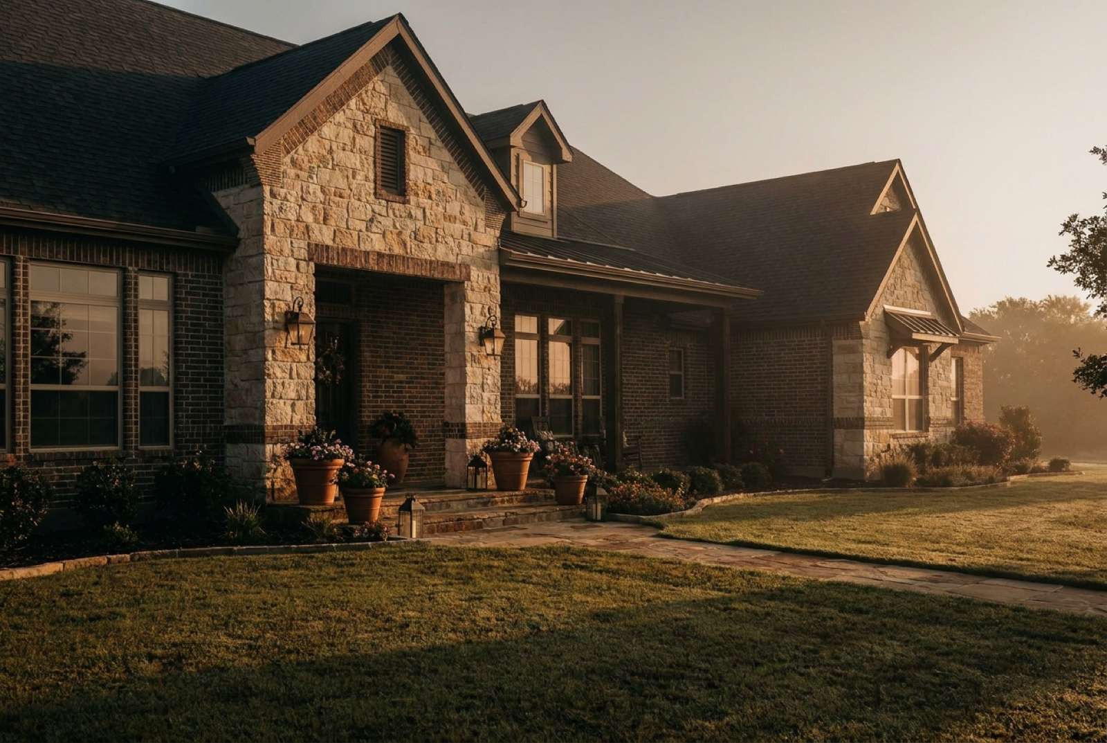 A staged Texas home at golden hour, warm light spilling onto the manicured front walk